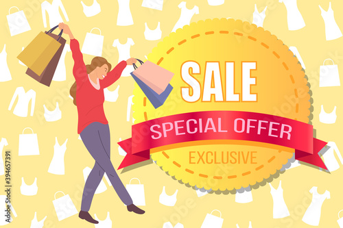 Announcement of a big sale. Girl with bags in her hands is smiling happily during shopping. Young beautiful happy woman is picking up packages on yellow background. Promotion of a special offer