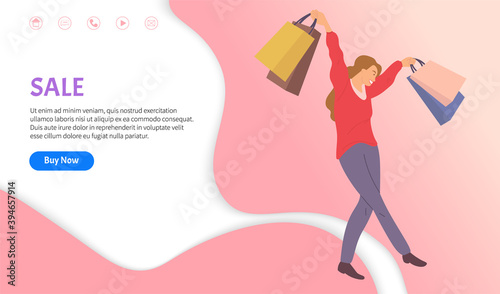 Thirty percent discount announcement. Sale advertisement. Happy woman with shopping bags in her hands. Young beautiful girl picks up multi-colored packages with clothes. Female character shopping