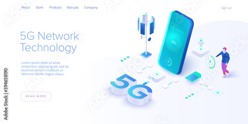 5g network technology in isometric vector illustration. Wireless mobile telecommunication service concept. Marketing website landing template. Smartphone internet speed connection background.