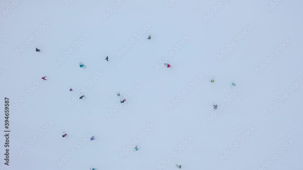Top view of the ski slope - a lot of people pass it on skis and snowboards. Top view of the ski slope - a lot of people pass it on skis and snowboards.
