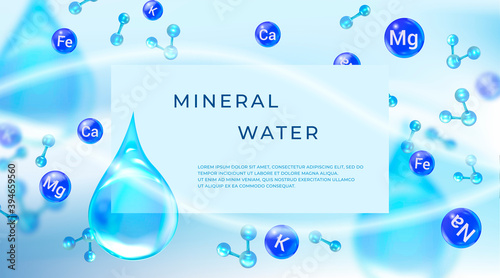 Mineral water template. Blue drops with mineral molecules.  Healthy water modern tag.