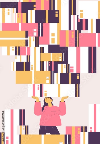 Young woman with ocd buying more and more things and stuff. Compulsive shopper concept illustration showing obsessive disease of shopaholic behavior