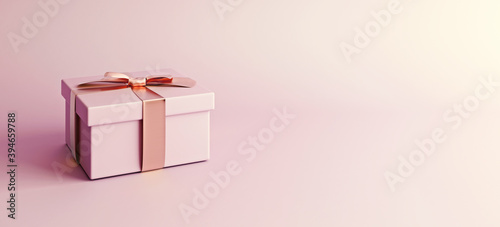 Mock-up poster, baby pink gift box with bronze bow on light pink background, 3D Render, 3D Illustration photo