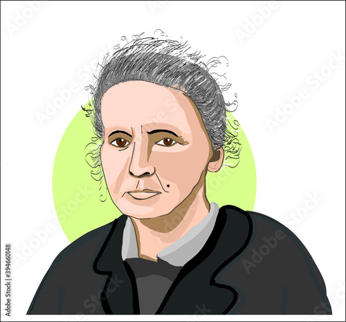 Poland, Warsaw, USA November 7, 1932 Marie Curie . vector sketch portrait illustration