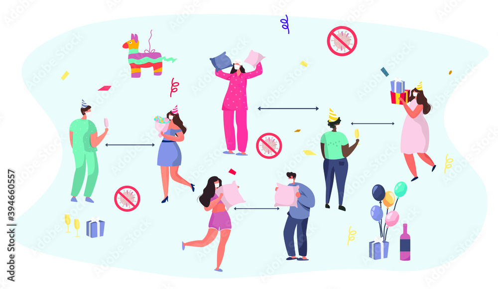 Birthday Party with Friends in Quarantine.Characters Celebrate Online Birthday Party in Mask during Covid 19.Self Isolation.Meeting With Friends.Flat Vector Illustration