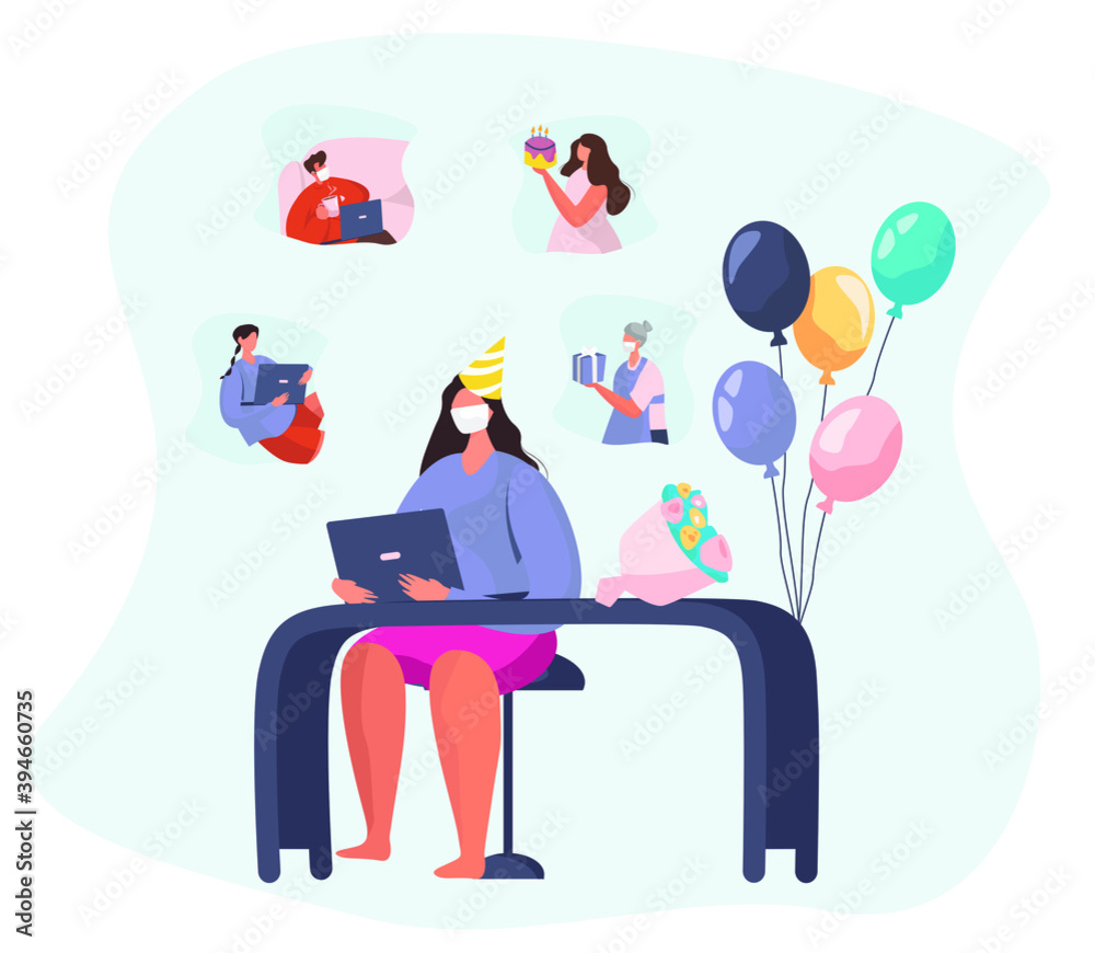 Birthday Party with Friends in Video Conference in Quarantine.Characters Celebrate Online Birthday Party in Mask during Covid 19.Self Isolation.Virtual Meeting With Friends.Flat Vector Illustration Birthday Party with Friends in Video Conference in Quarantine.Characters Celebrate Online Birthday Party in Mask during Covid 19.Self Isolation.Virtual Meeting With Friends.Flat Vector Illustration