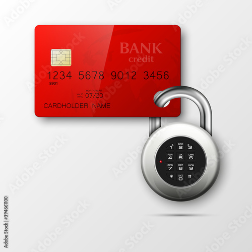 Credit card safe combination lock. Protection credit card. Safety badge banking. Defense finans. Security Plastic card software. Debit card electromagnetic chip Privacy Electronic money funds transfer
