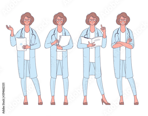 Flat design vector woman doctor with stethoscope character poses and actions set.