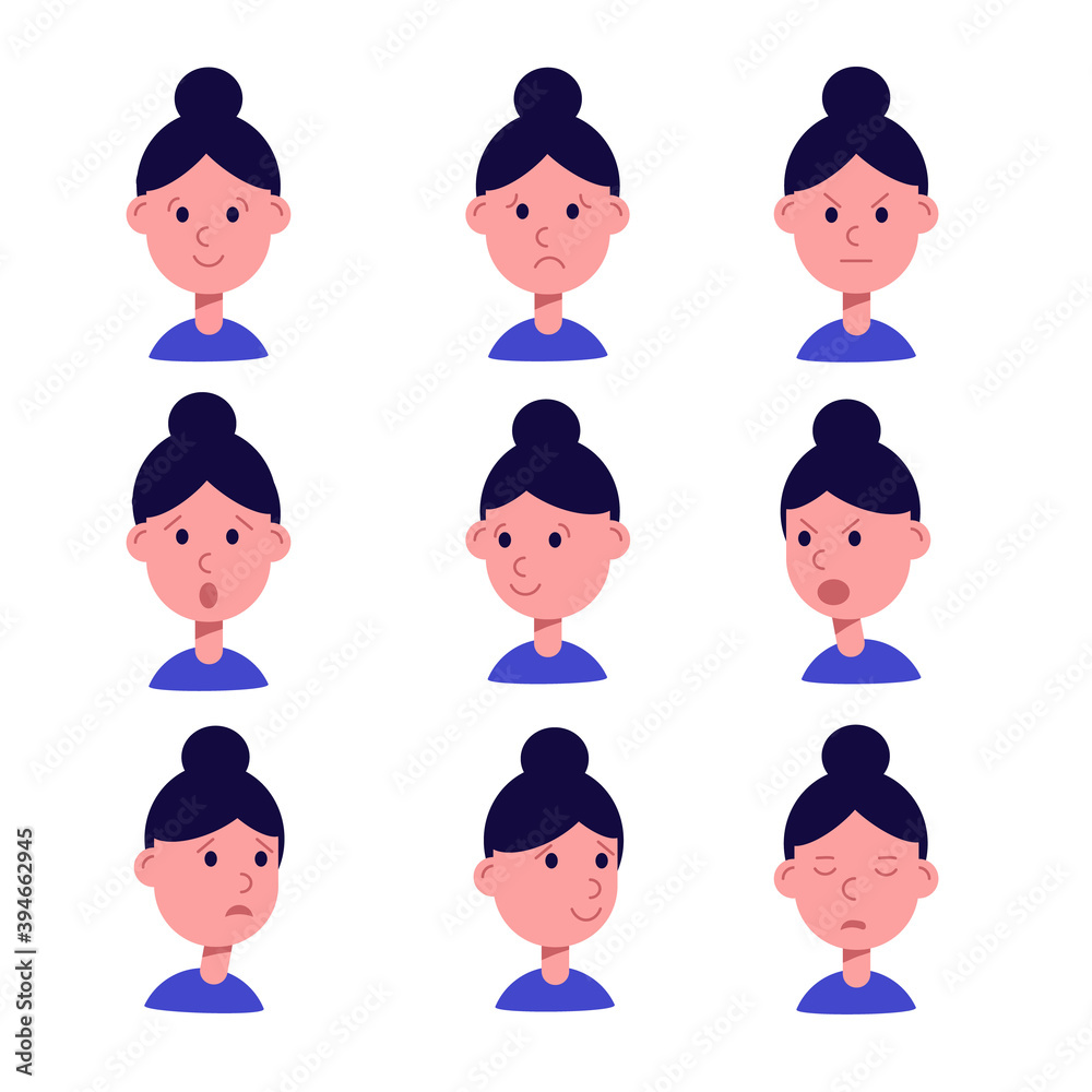 Woman with different emotions. Joy, sadness, anger, talking, funny, fear, smile. Set. Isolated illustration on white background. Vector. Cartoon. Flat. Face expressions Woman with different emotions. Joy, sadness, anger, talking, funny, fear, smile. Set. Isolated illustration on white background. Vector. Cartoon. Flat. Face expressions