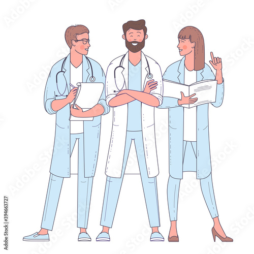 Multicultural group of medics. The medical team in white face masks. Doctor, nurse, surgeon. Flat design vector characters.
