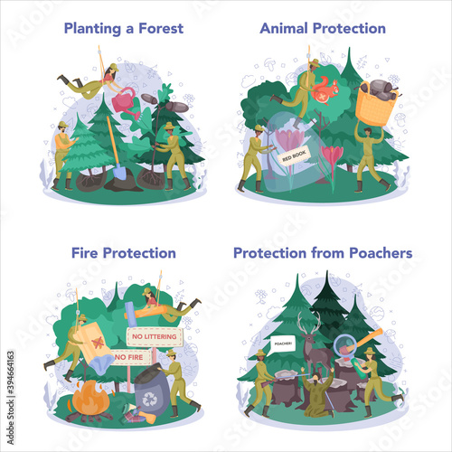 Forester concept set. Wood protection and rehabilitation. Forest