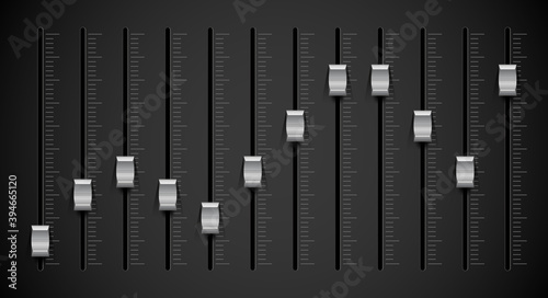 Black sound mixer panel. Silver sliders. 3D vector illustration photo