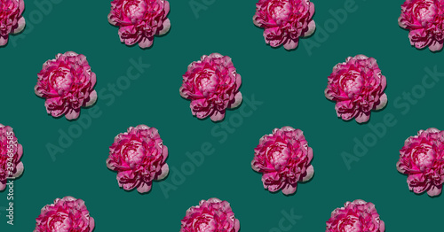 Cover patern peony trendy colors on a green background. Floral pattern.