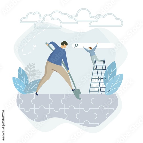 Flat digger man puzzle landing, great diggind design for any purposes. Successful business man working. Communication, connection concept. Corporate business puzzle concept. Successful business team