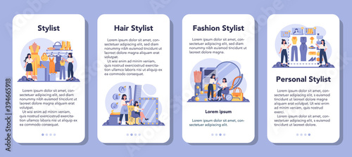 Fashion stylist mobile application banner set. Modern, creative job,