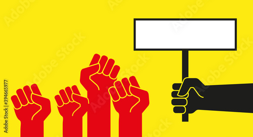 Red protest hands with raised fists. Vector illustration