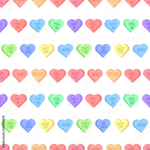 Colorful sweethearts seamless pattern for February, 14. Conversation hearts bright illustration.