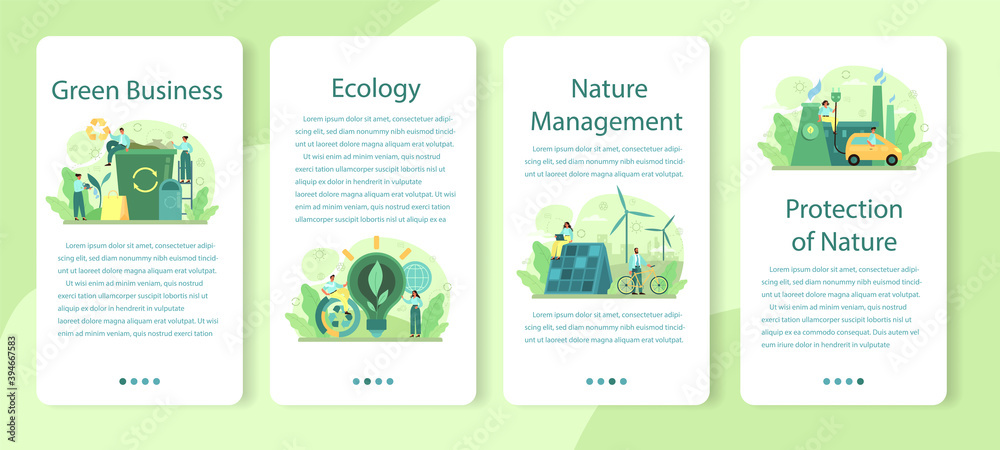 Ecology or eco friendly business mobile application banner set. - obrazy, fototapety, plakaty 