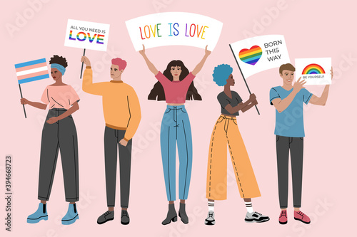  Group of people holding posters, symbols, signs and flags with lgbt rainbows, gay parade, pride month. Human rights. Hand drawn vector illustration in flat cartoon style, isolated on pink background.