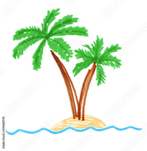 Felt pen childlike drawing of palm and sea