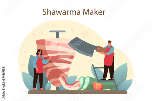 Shawarma street food concept. Chef cooking delicious roll