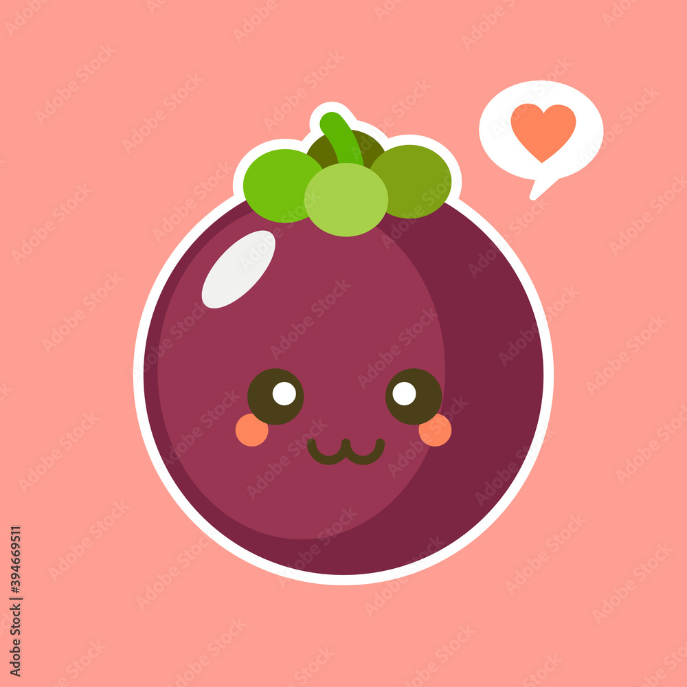 Cute and kawaii Flat Cartoon Mangosteen Illustration. Vector illustration of cute mangosteen with a smiling expression. Cute fruit mascot design Cute and kawaii Flat Cartoon Mangosteen Illustration. Vector illustration of cute mangosteen with a smiling expression. Cute fruit mascot design