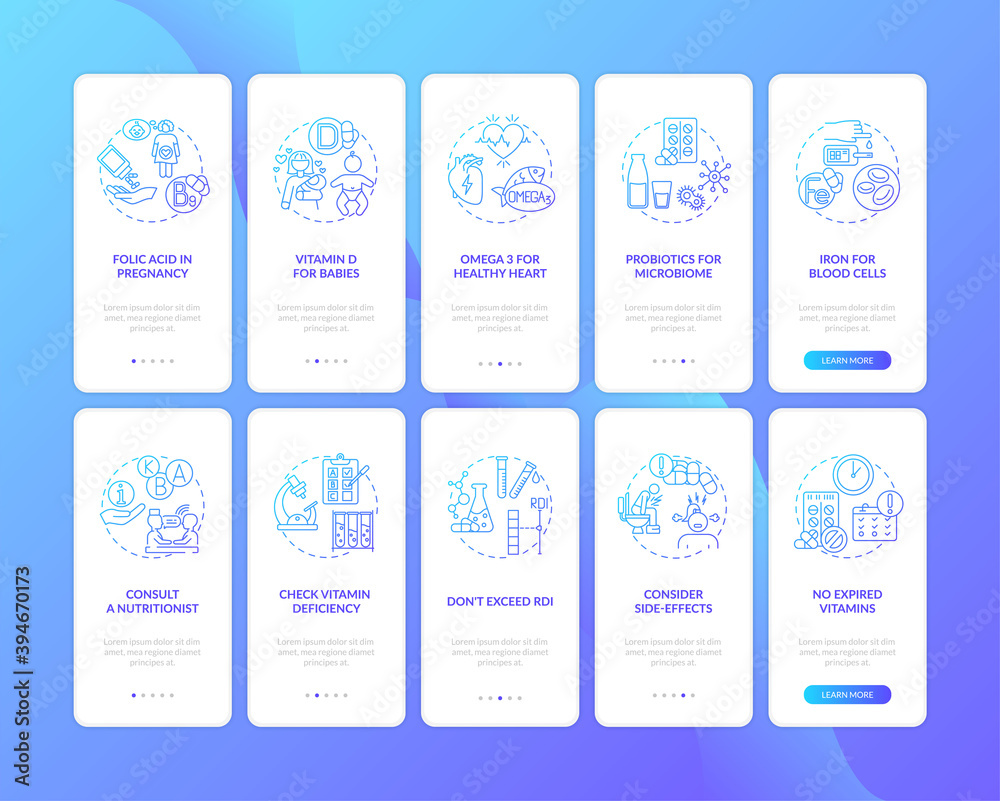 Essential supps, consumption instructions onboarding mobile app page screen with concepts set. Healthcare walkthrough 5 steps graphic instructions. UI vector template with RGB color illustrations