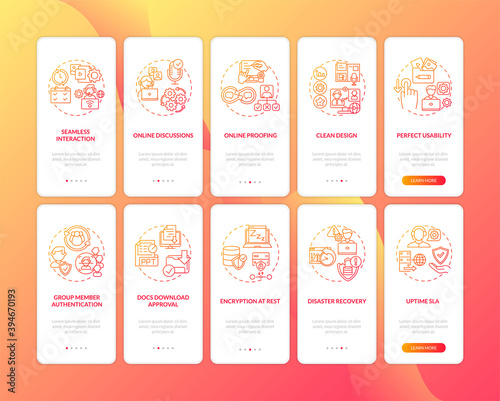 Remote work app features onboarding mobile app page screen with concepts set. Clean design, uptime SLA walkthrough 5 steps graphic instructions. UI vector template with RGB color illustrations