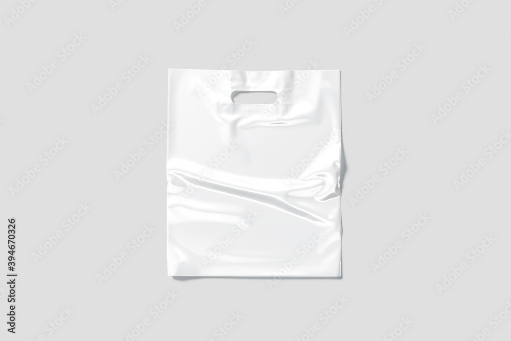 Blank white diecut plastic bag handle hole mockup, gray background
