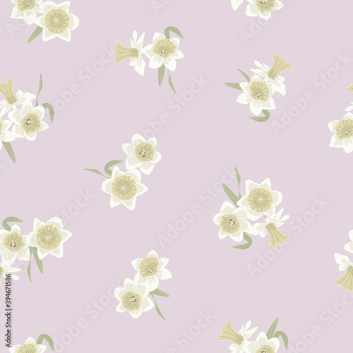 Vector Daffodil Flowers in Yellow Beige Green Scattered on Pink Background Seamless Repeat Pattern. Background for textiles, cards, manufacturing, wallpapers, print, gift wrap and scrapbooking.