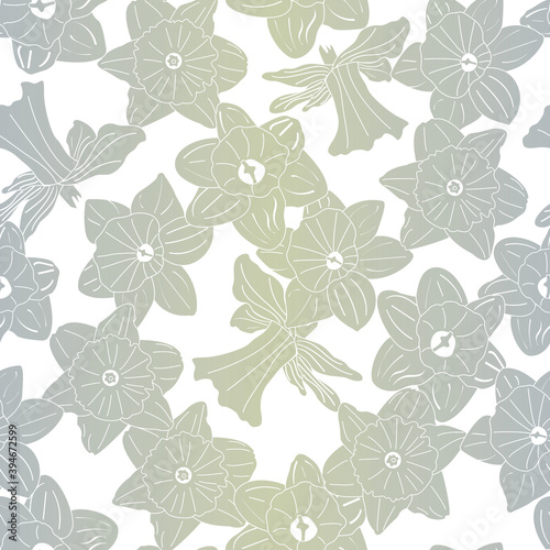 Vector Daffodil Flowers Silhouettes in Green Blue Ombre Scattered on White Background Seamless Repeat Pattern. Background for textiles, cards, manufacturing, wallpapers, print, gift wrap and