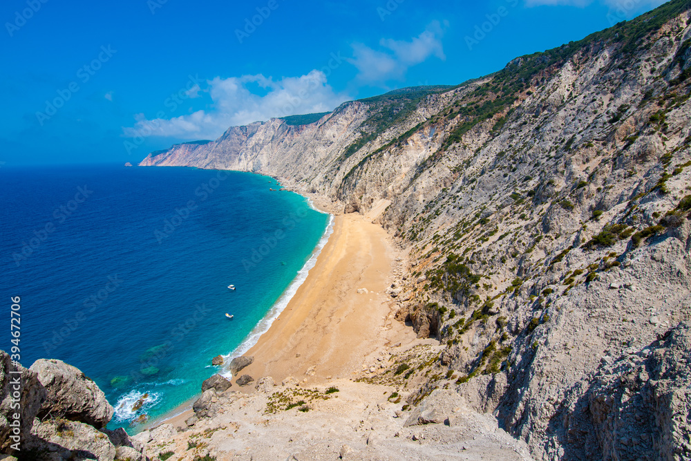 Panoramic view of Platia ammos in Lixouri, Kefalonia, Greece. An impressive, secluded beach accessible only by boat Panoramic view of Platia ammos in Lixouri, Kefalonia, Greece. An impressive, secluded beach accessible only by boat