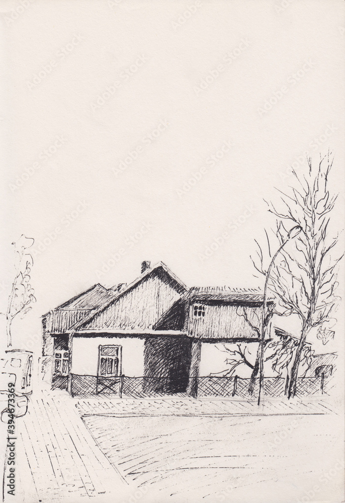 Fototapeta premium Pen drawing of East European village house. Ink sketch of peaceful countryside view. Artwork on paper. Use for card, travel poster, print. Historical illustration of rural architecture in Belarus.