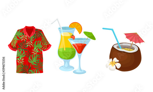 Bright Shirt with Palm Leaves and Refreshing Cocktails with Straw as Hawaiian Symbols Vector Set