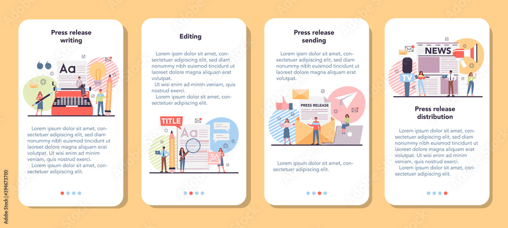 Naklejka premium Press release mobile application banner set. Mass media