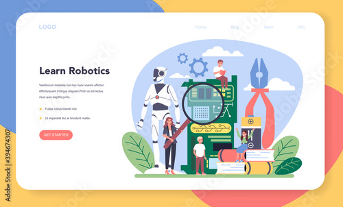 Robotics school subject web banner or landing page. Robot