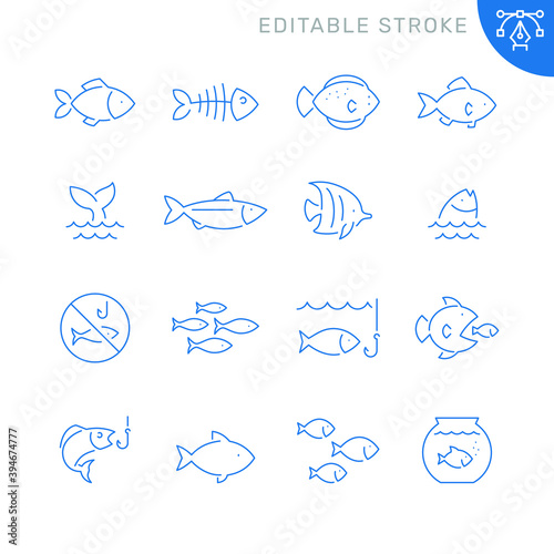 Fish related icons. Editable stroke. Thin vector icon set