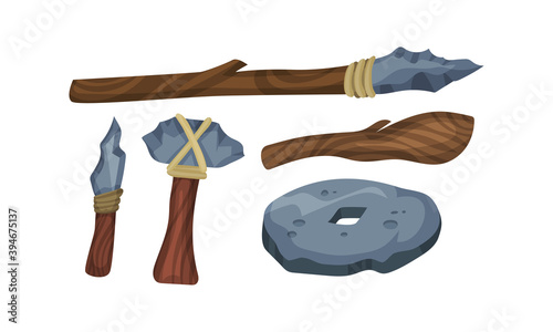 Stone Age Hunting Weapons with Stick and Spear Vector Set