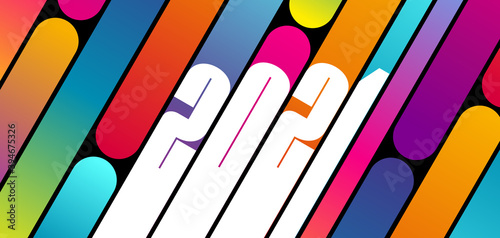 2021-Bannière ou affiche aux dégradés de couleurs multiples avec les chiffres de la nouvelle année blancs dans une forme moderne en biais.