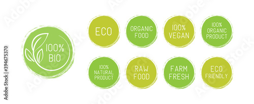 Ecology icons set. Natural food product symbols. Organic sticker elements with circle stains in green colors.