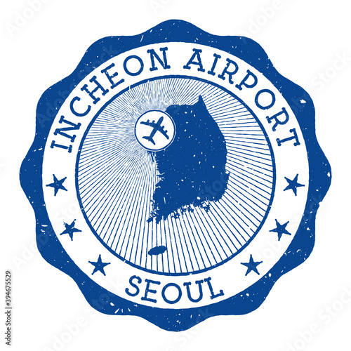 Incheon Airport Seoul stamp. Airport of Seoul round logo with location on South Korea map marked by airplane. Vector illustration. photo