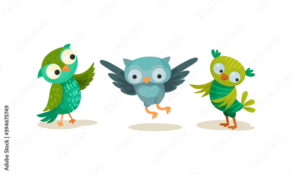 Funny Owlet with Big Eyes Walking Vector Set Funny Owlet with Big Eyes Walking Vector Set