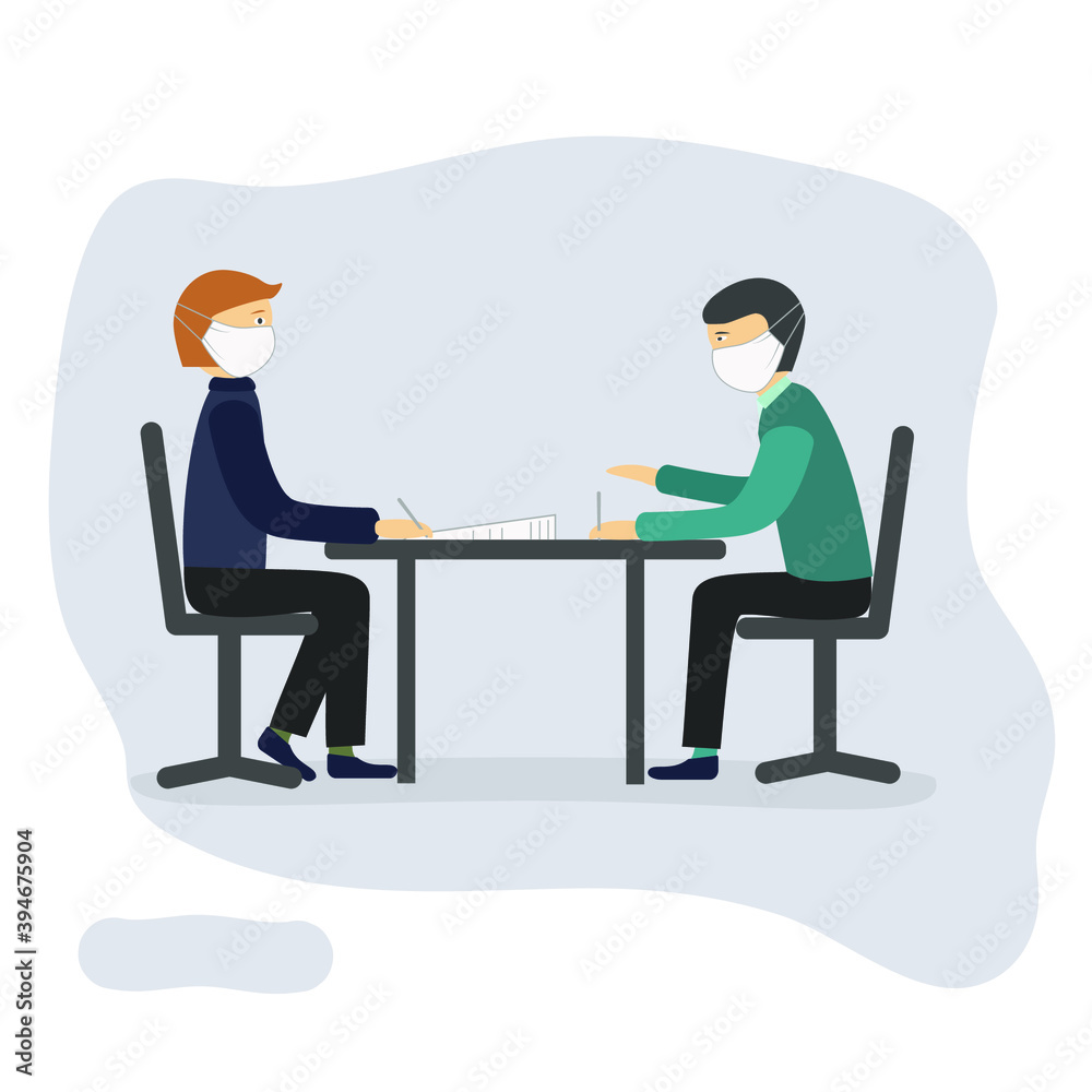 Obraz premium Masked negotiations. Two masked men sign documents at the table. Isolated vector image. Pandemic safety concept.