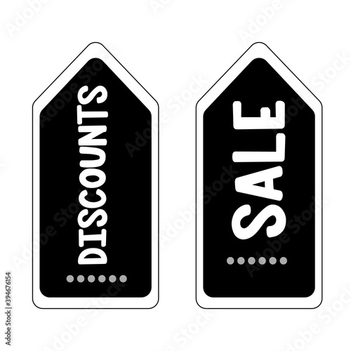 Sale, discount, advertising, marketing price tag. Clothes, furnishings, cars, food sale. Store label on white background