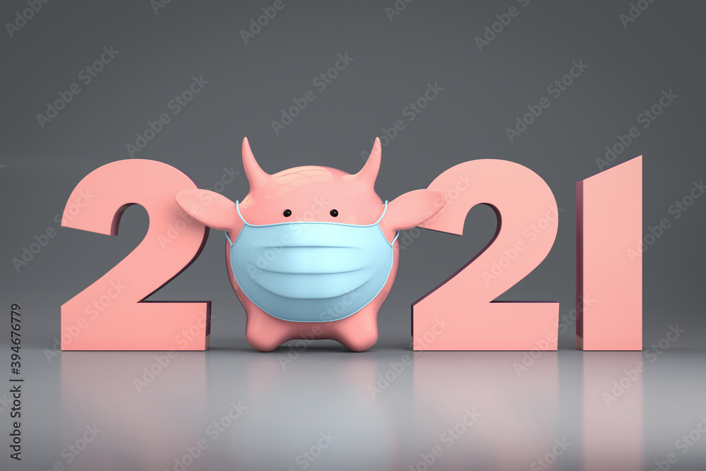 Φωτογραφία Symbol of new 2021 year Pink bull or cow figure as Piggy Bank in face medical su