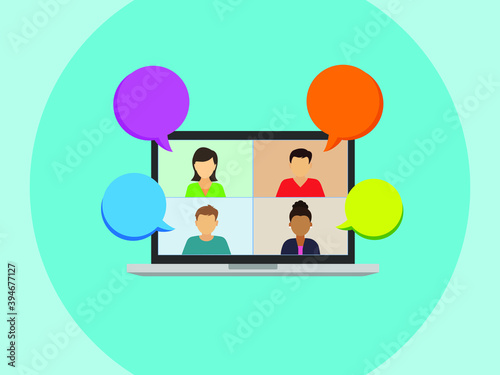 Working from home during the Covid-19 pandemic. Colleagues and friends communicate via video link. Social isolation due to the coronavirus.Online communication.Vector illustration