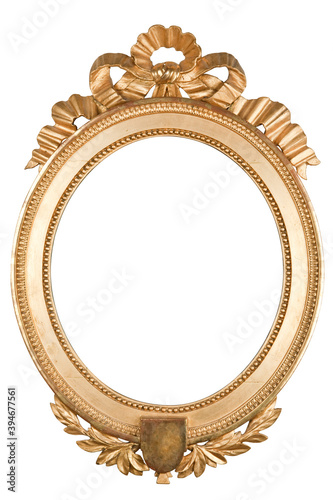 Empty oval golden baroque frame isolated on white background.