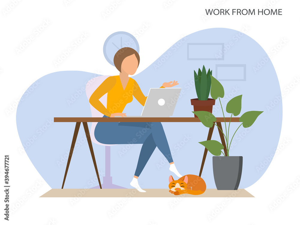 A woman working from home. stay at home, a woman sits at a Desk and works on a laptop. Cozy interior of the room. Concept of freelance and remote work. Modern illustrations. A woman working from home. stay at home, a woman sits at a Desk and works on a laptop. Cozy interior of the room. Concept of freelance and remote work. Modern illustrations.
