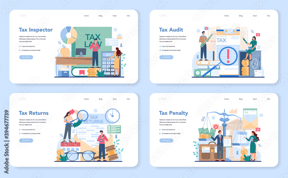 Tax inspector web banner or landing page set. Idea of accounting