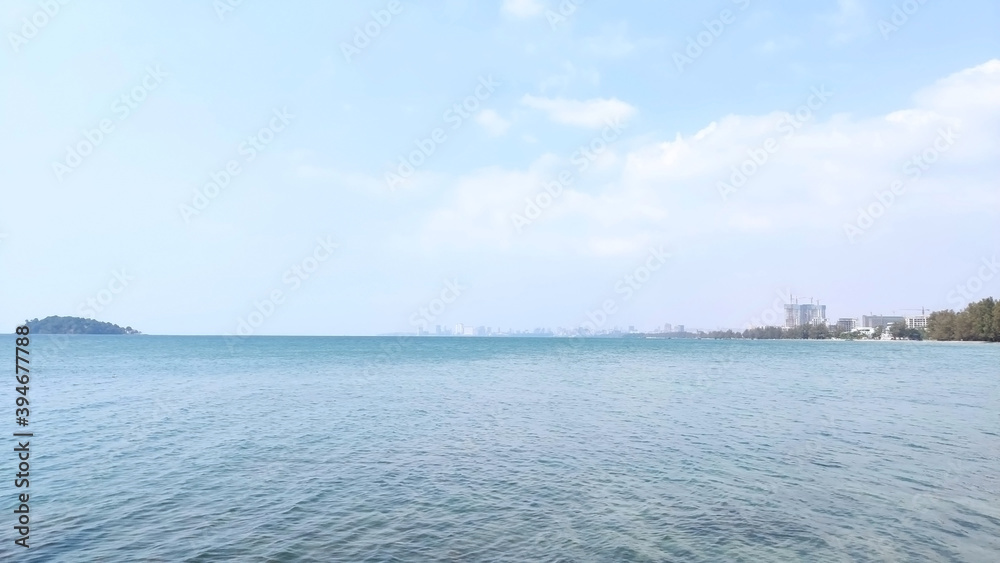 View of the sea, island and Sihanoukville city on the horizon. Cambodia. South-East Asia